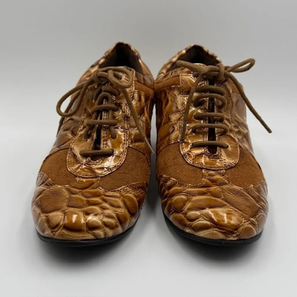 Andiamo Womens Brown Crocodile Embossed Lace Up Wedge Oxford‎ Shoes Size 8.5M